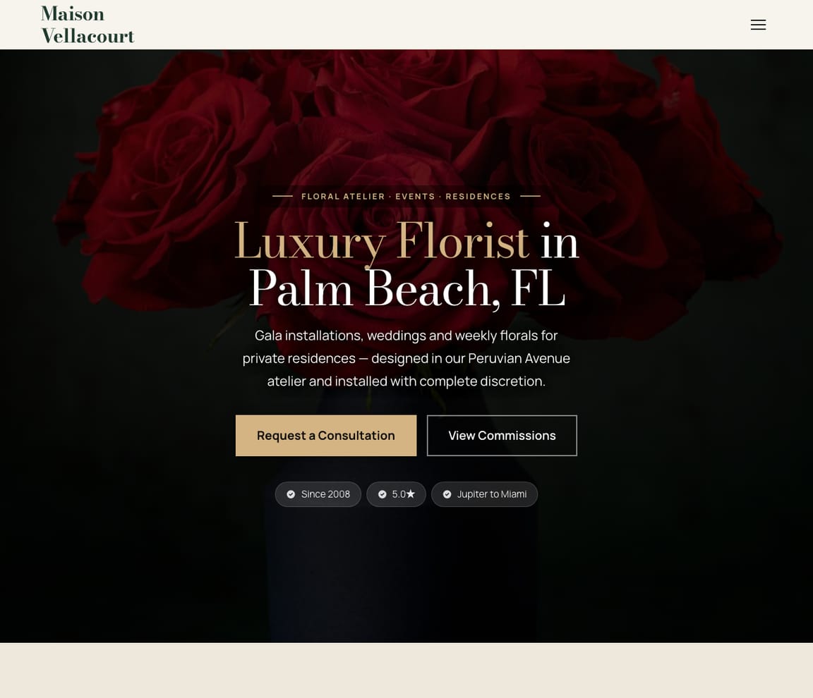 Home page of the Luxury Florist website template, with the headline “Luxury Florist in Palm Beach, FL”