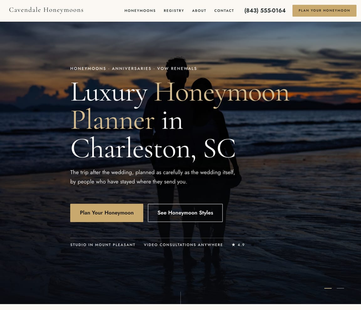 Home page of the Luxury Honeymoon Travel website template, headline “Luxury Honeymoon Planner in Charleston, SC”