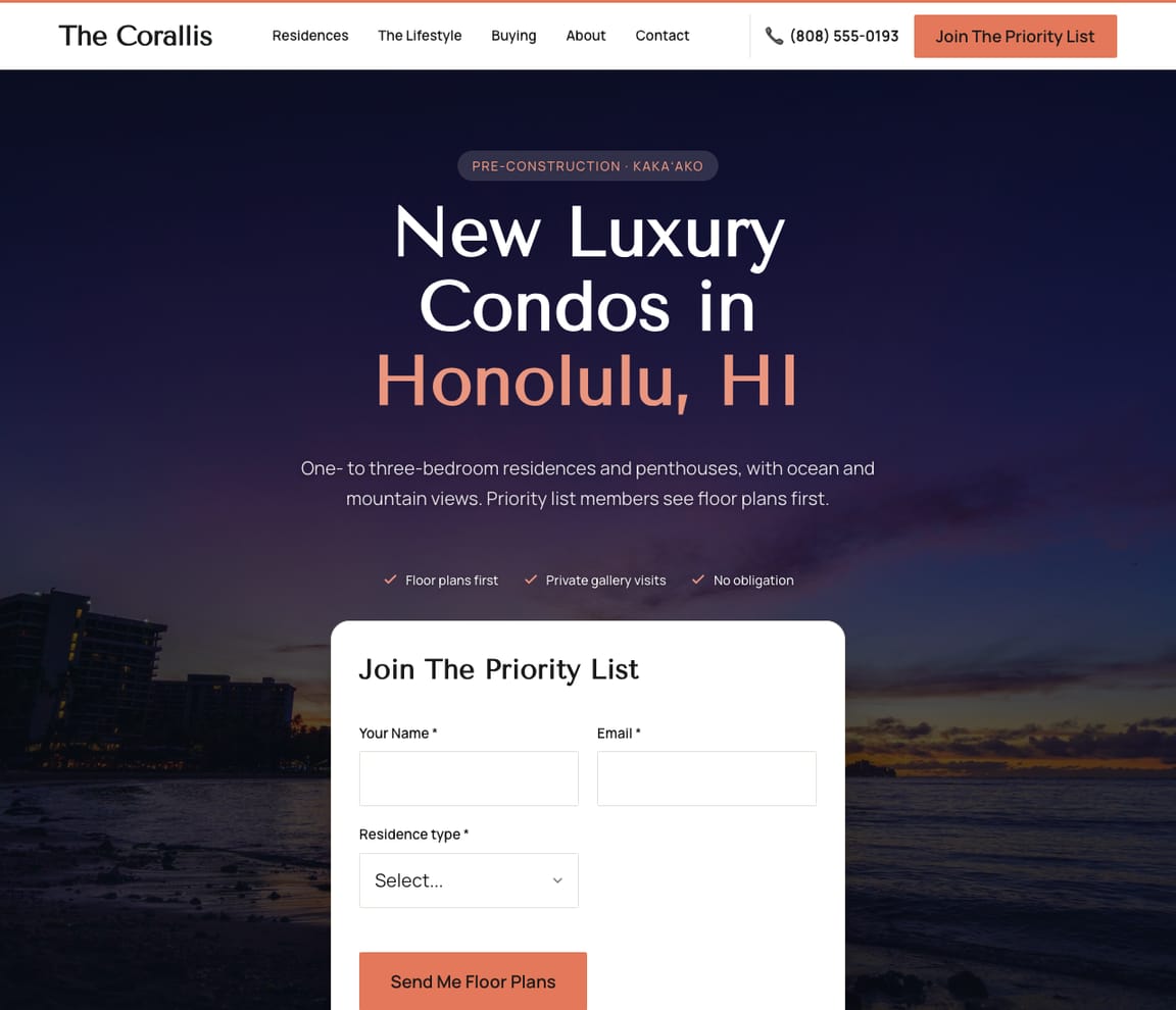 Home page of the New Development Sales website template, with the headline “New Luxury Condos in Honolulu, HI”