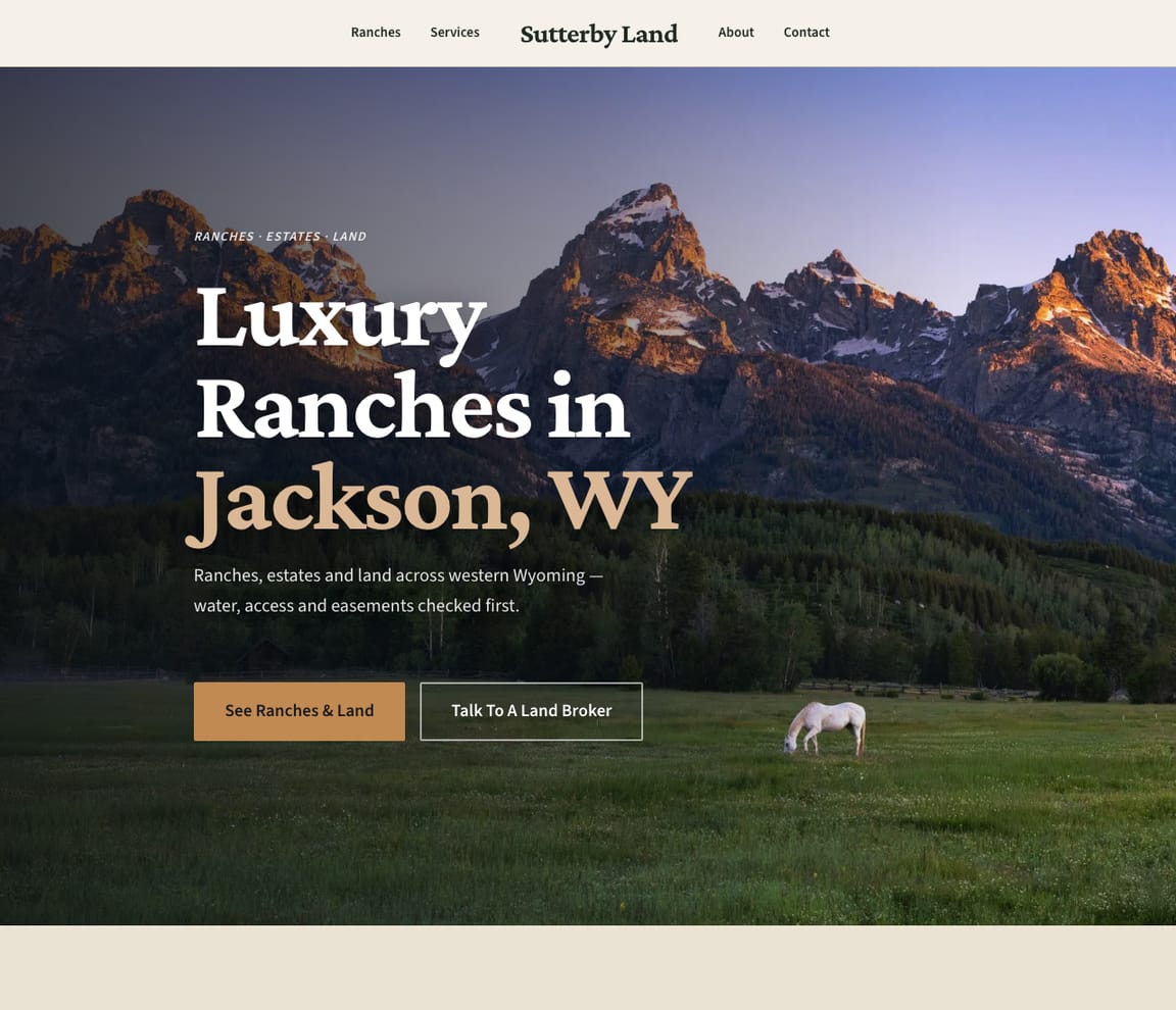 Home page of the Luxury Ranches & Estates website template, with the headline “Luxury Ranches in Jackson, WY”