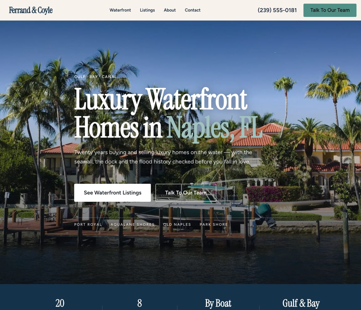 Home page of the Luxury Waterfront Homes website template, with the headline “Luxury Waterfront Homes in Naples, FL”