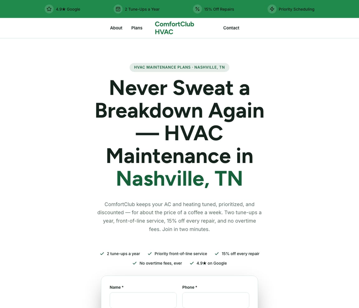 HVAC - Maintenance Plans website template preview