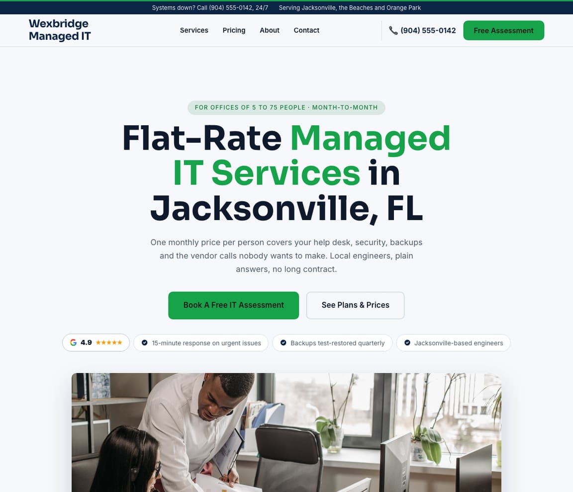 Home page of the Managed IT Services website template