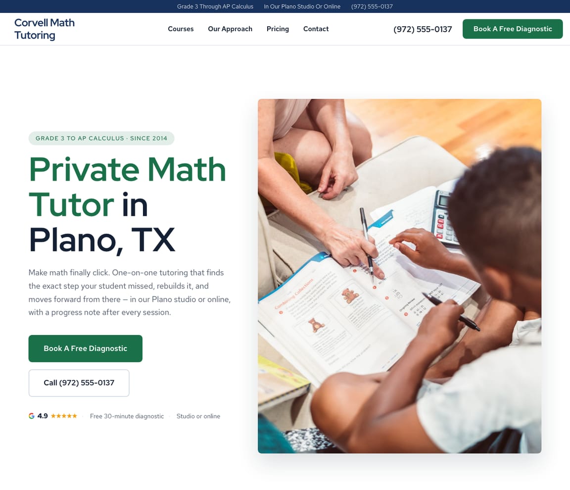 Home page of the Math Tutor website template, with the headline “Private Math Tutor in Plano, TX”