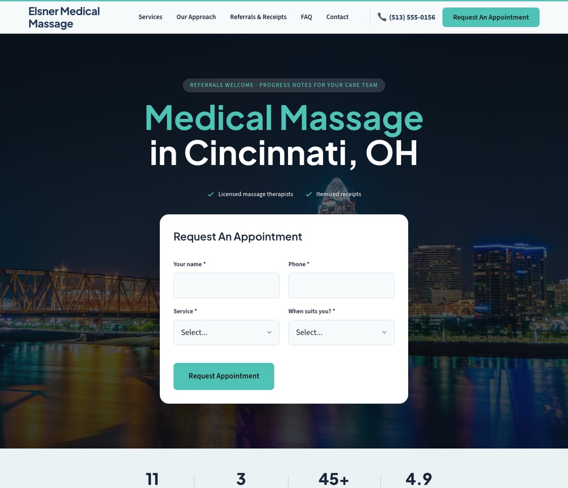 Home page of the Medical Massage website template, with the headline “Medical Massage in Cincinnati, OH”