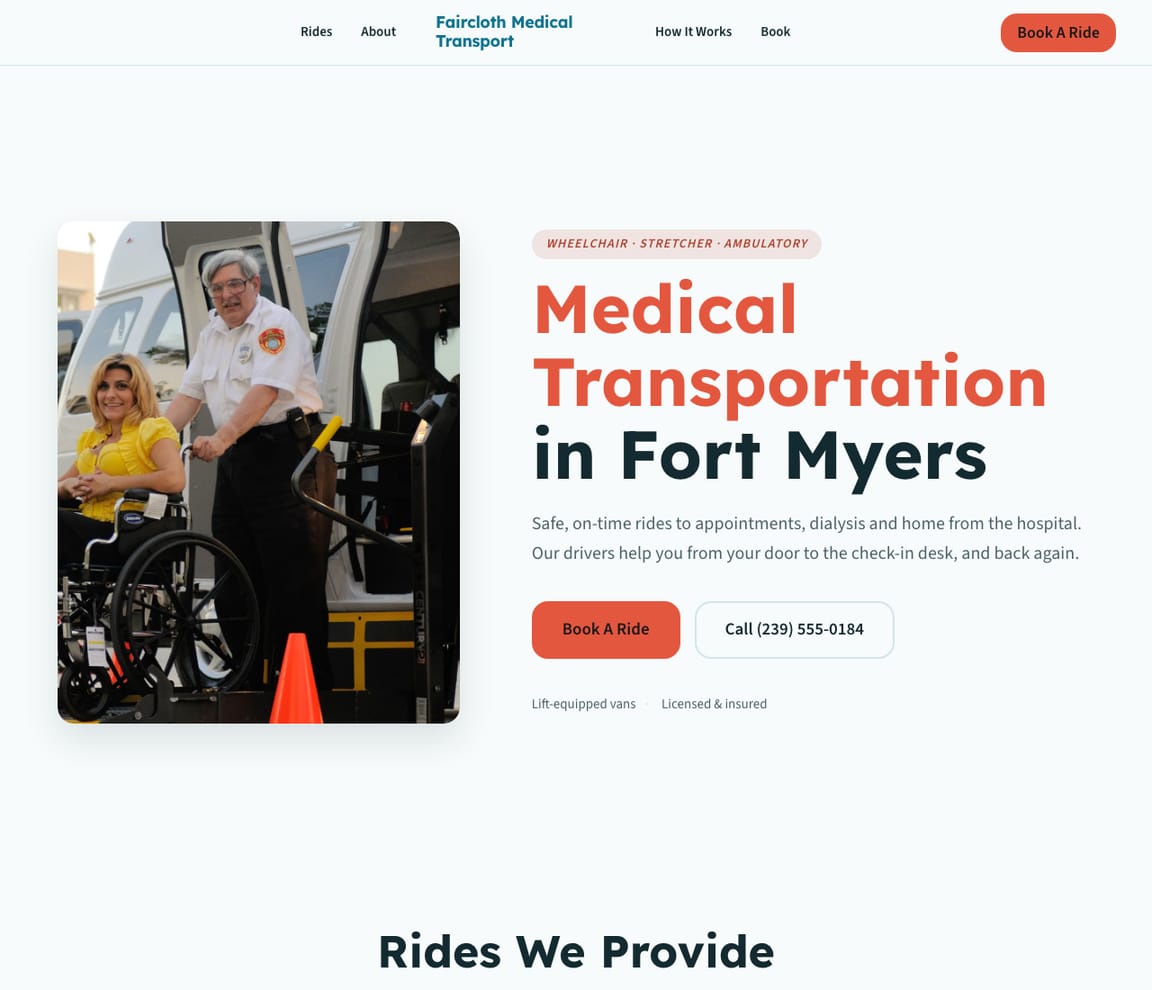 Home page of the Medical Transportation website template, with the headline “Medical Transportation in Fort Myers”
