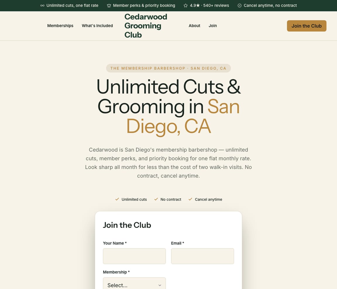 Membership Barbershop Club website template preview