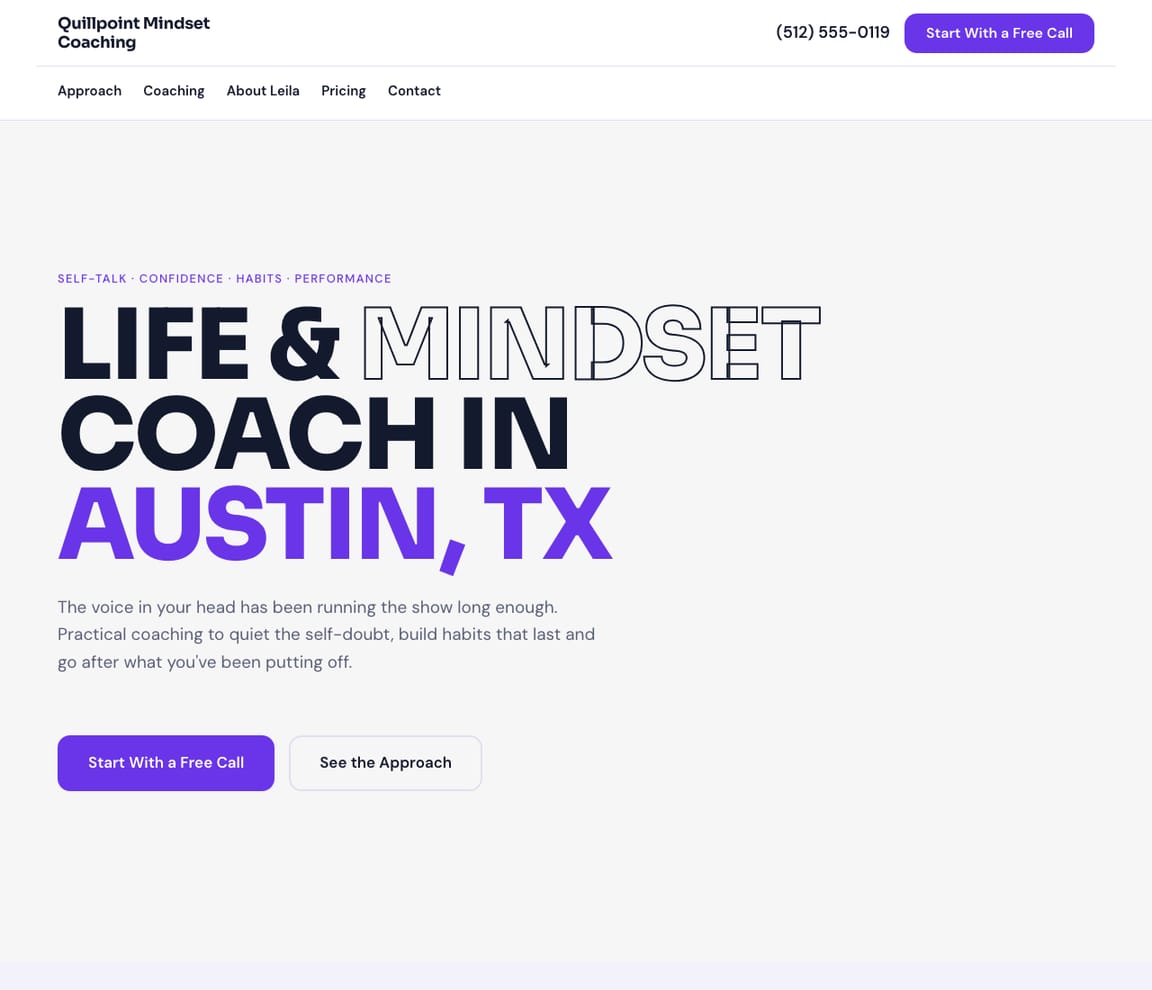 Home page of the Mindset Coach website template, with the headline “Life & Mindset Coach in Austin, TX”
