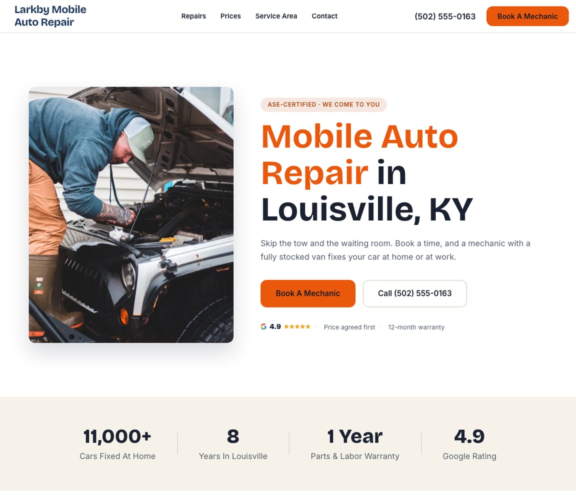 Home page of the Mobile Auto Repair website template, with the headline “Mobile Auto Repair in Louisville, KY”