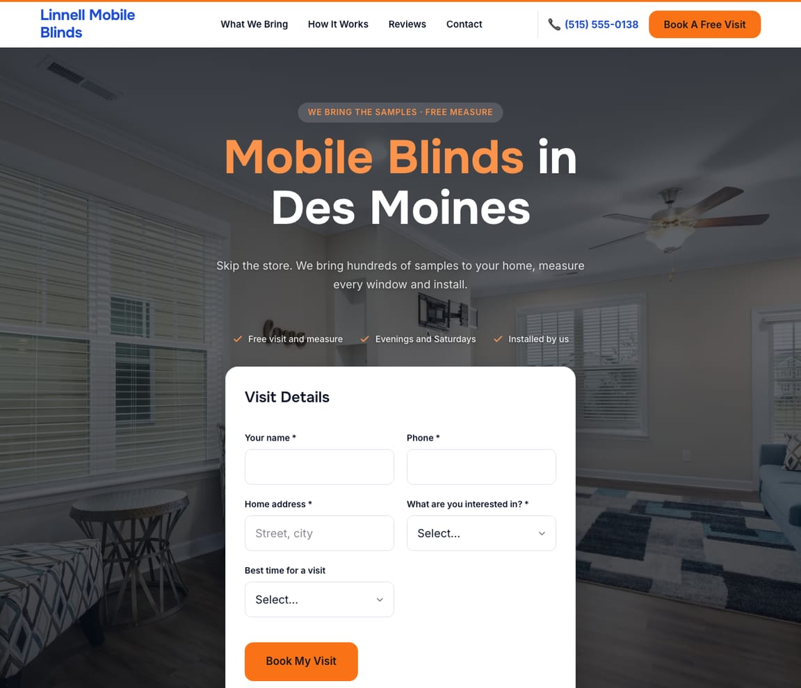 Home page of the Mobile Blinds website template, with the headline “Mobile Blinds in Des Moines”