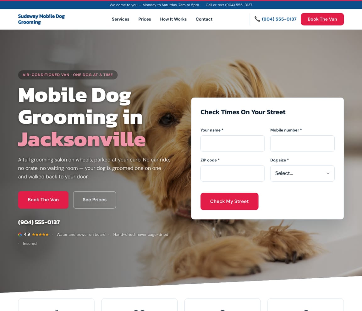 Home page of the Mobile Dog Groomer website template, with the headline “Mobile Dog Grooming in Jacksonville”