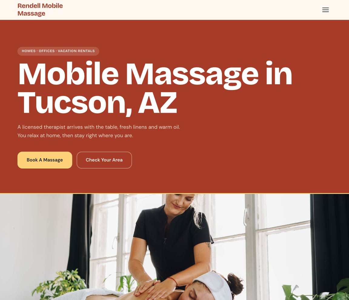 Home page of the Mobile Massage website template, with the headline “Mobile Massage in Tucson, AZ”