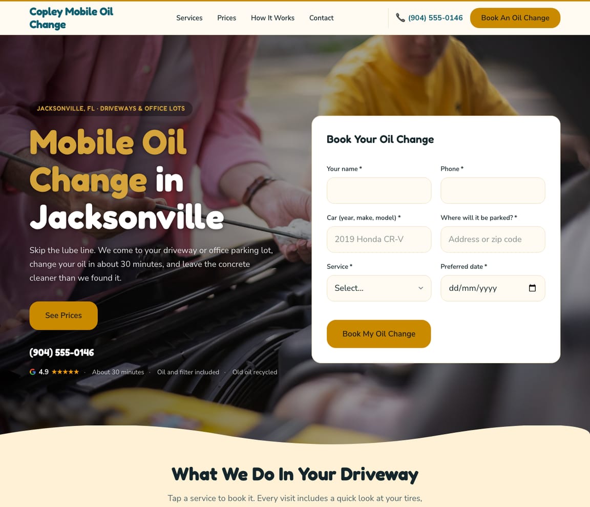 Home page of the Mobile Oil Change website template, with the headline “Mobile Oil Change in Jacksonville”