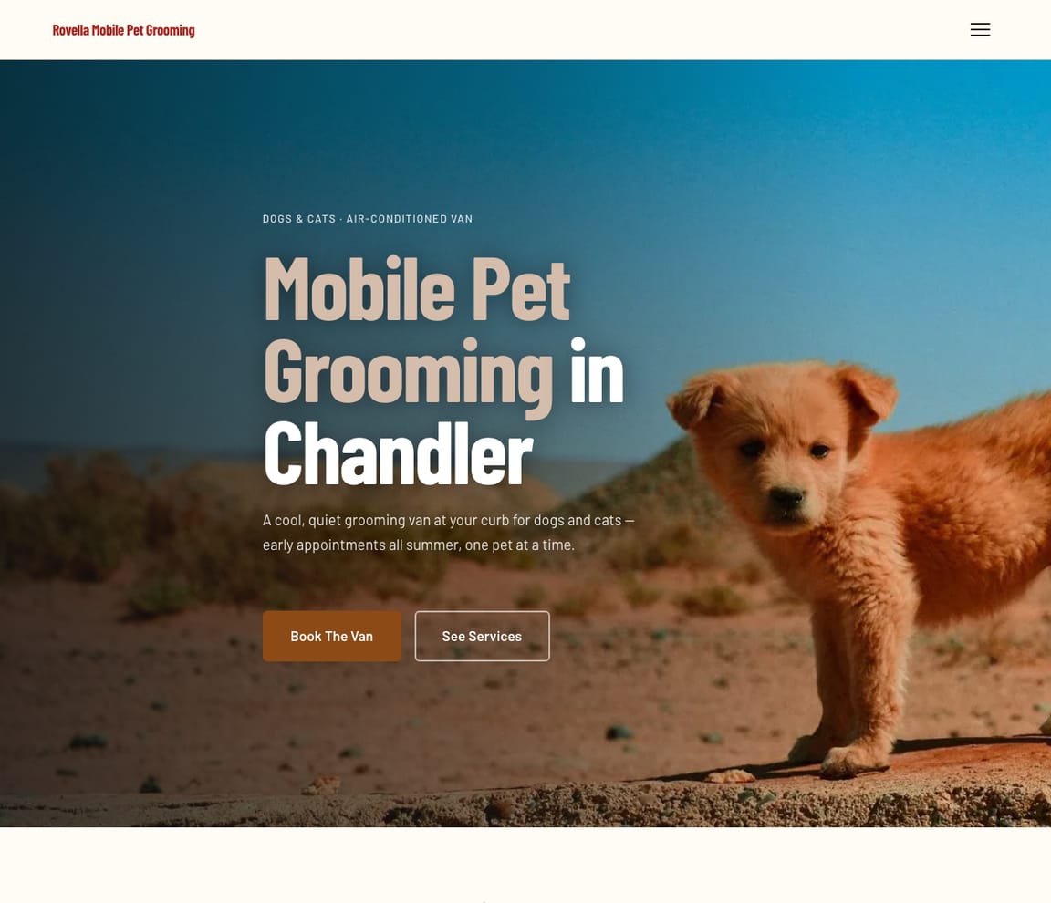 Home page of the Mobile Pet Grooming website template, with the headline “Mobile Pet Grooming in Chandler”