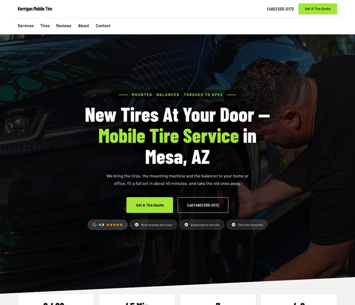 Home page of the Mobile Tire Service template, headline “New Tires At Your Door — Mobile Tire Service in Mesa, AZ”