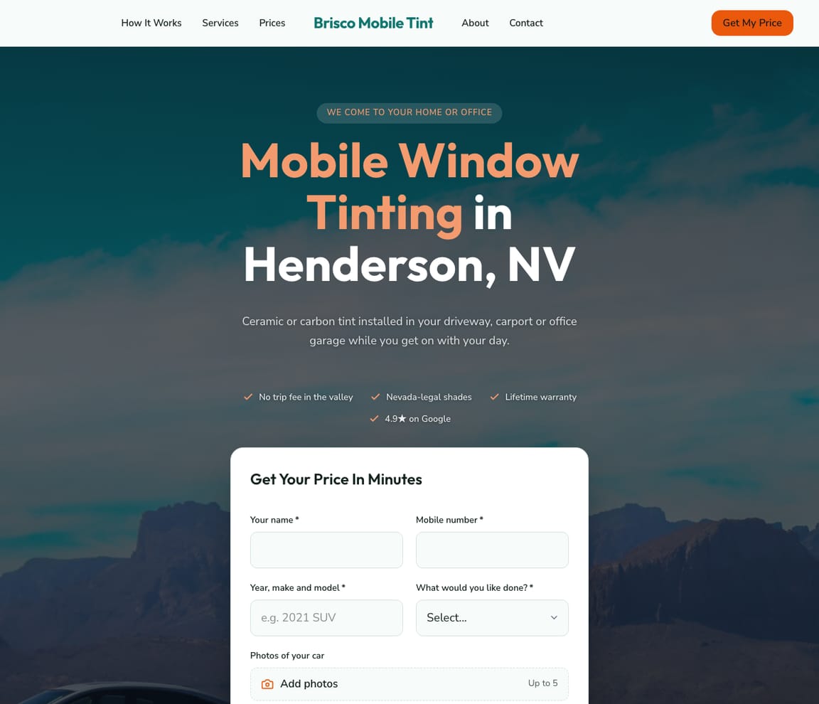 Home page of the Mobile Window Tinting website template, with the headline “Mobile Window Tinting in Henderson, NV”