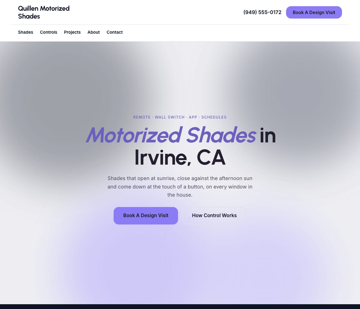 Home page of the Motorized Shades website template, with the headline “Motorized Shades in Irvine, CA”