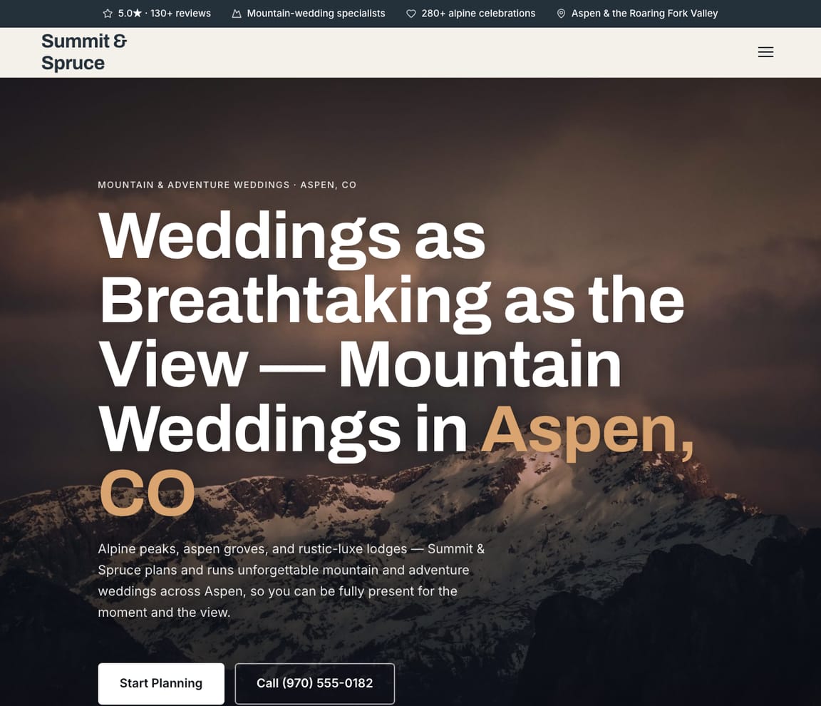 Mountain & Adventure Wedding Planner website template preview