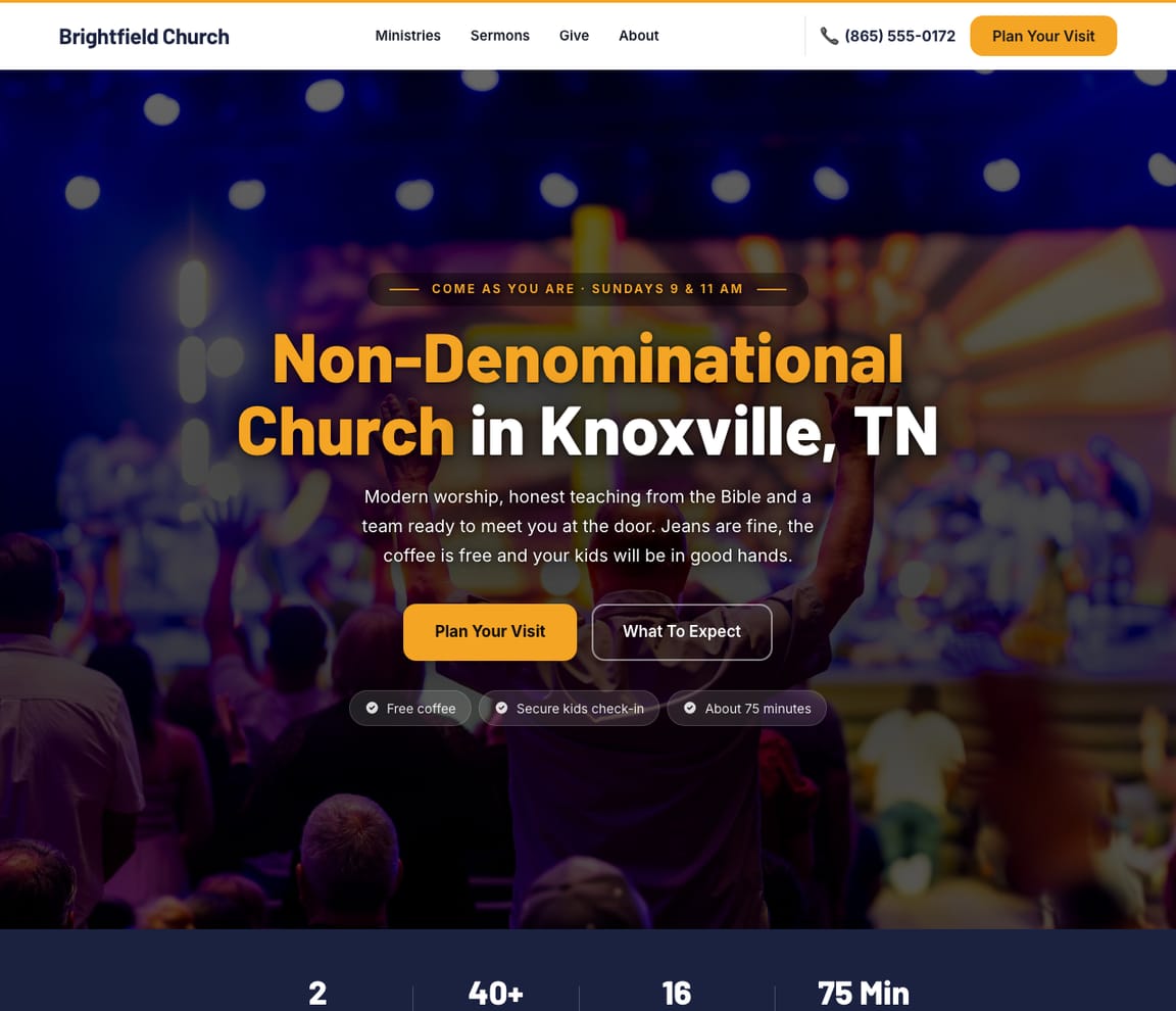 Home page of the Non-Denominational Church website template, with the headline “Non-Denominational Church in Knoxville, TN”