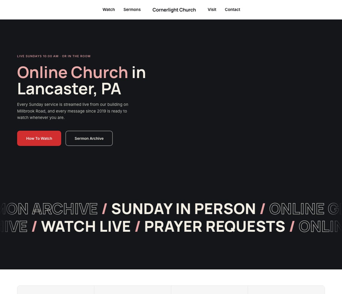 Home page of the Online Church website template, with the headline “Online Church in Lancaster, PA”