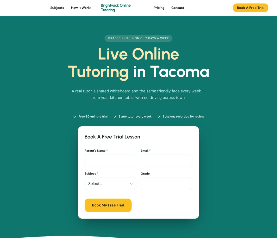 Home page of the Online Tutoring website template, with the headline “Live Online Tutoring in Tacoma”