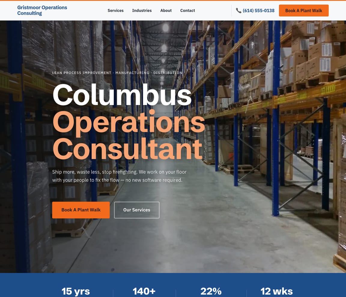 Home page of the Operations Consultant website template, with the headline “Columbus Operations Consultant”