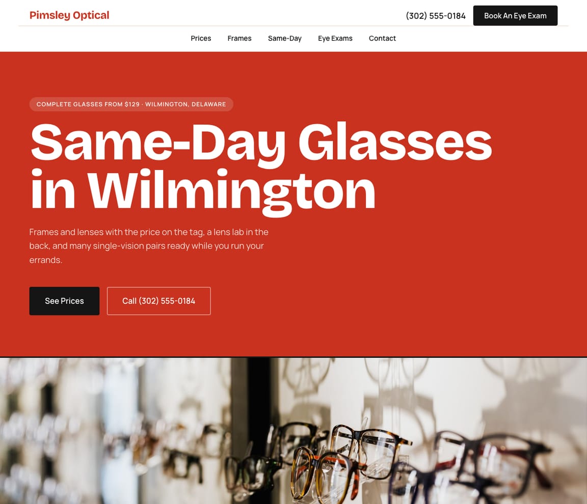 Home page of the Optical Shop — Same-Day Glasses website template, with the headline “Same-Day Glasses in Wilmington”
