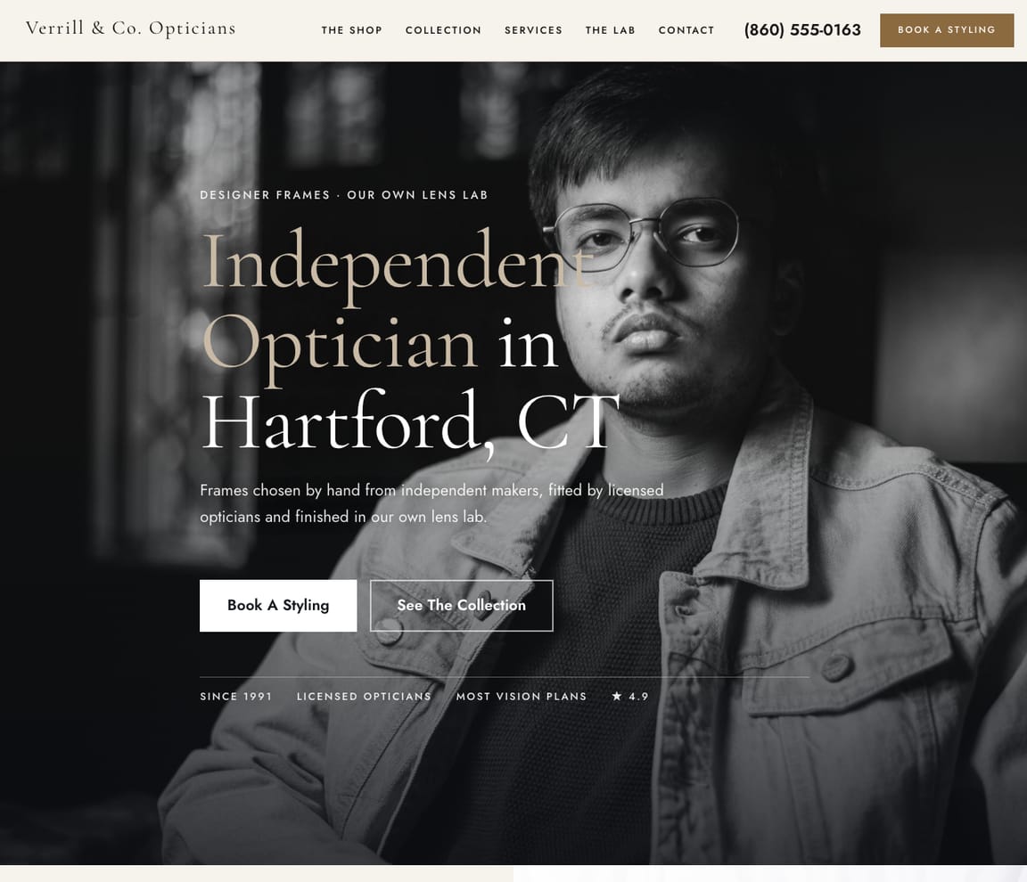 Home page of the Independent Optician & Eyewear Boutique website template