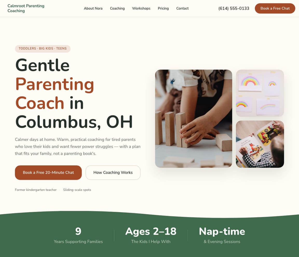Home page of the Parenting Coach website template, with the headline “Gentle Parenting Coach in Columbus, OH”