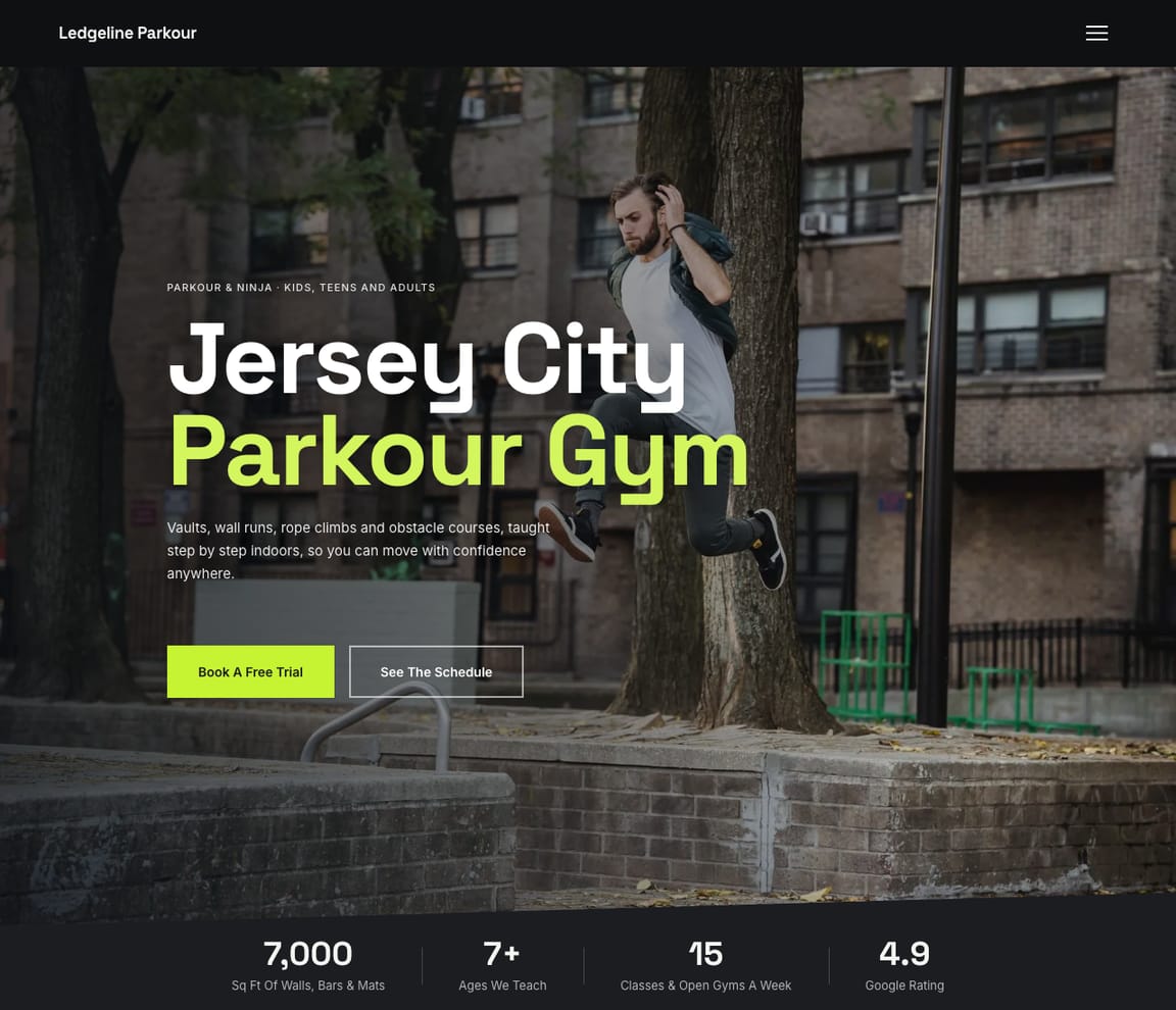 Home page of the Parkour & Ninja Gym website template, with the headline “Jersey City Parkour Gym”