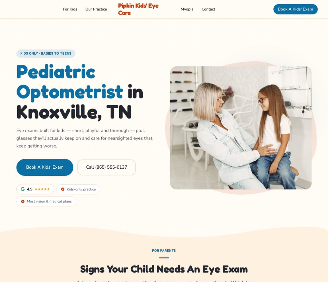 Home page of the Pediatric Optometrist website template, with the headline “Pediatric Optometrist in Knoxville, TN”