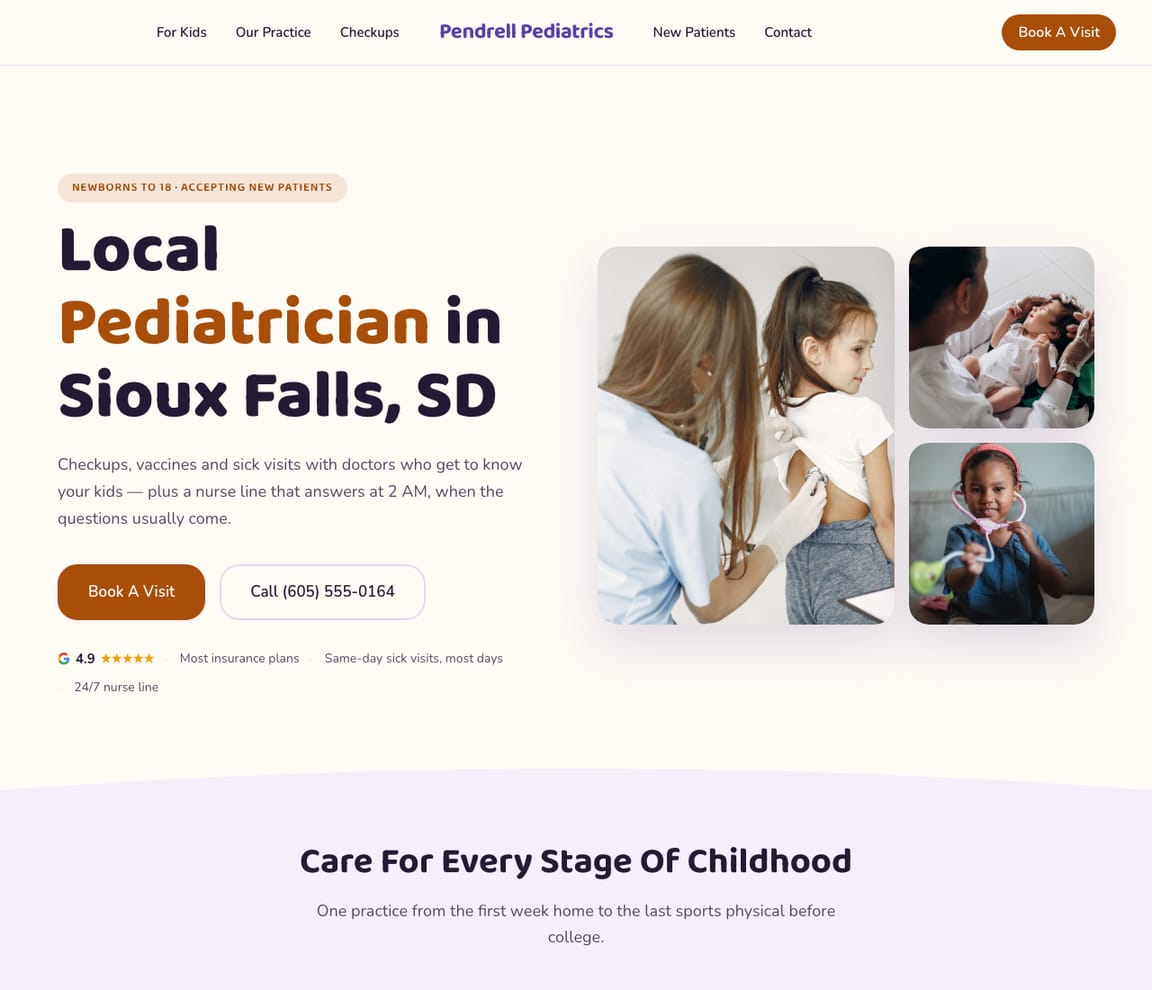 Home page of the Pediatric Practice website template, with the headline “Local Pediatrician in Sioux Falls, SD”