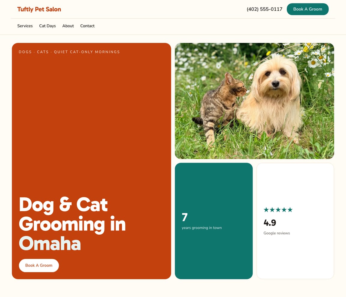 Home page of the Pet Salon website template, with the headline “Dog & Cat Grooming in Omaha”