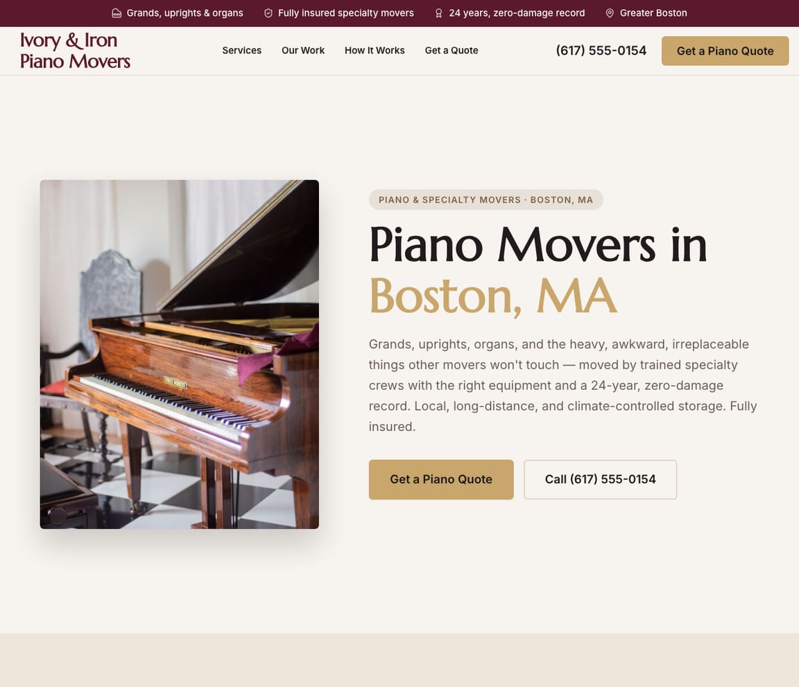 Piano & Specialty Movers website template preview