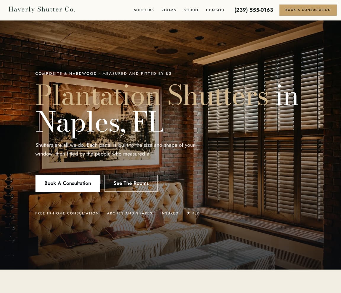 Home page of the Plantation Shutters website template, with the headline “Plantation Shutters in Naples, FL”