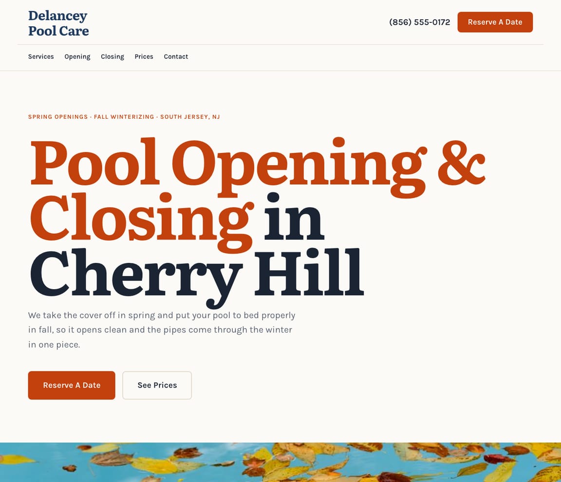 Home page of the Pool Opening & Closing website template, with the headline “Pool Opening & Closing in Cherry Hill”