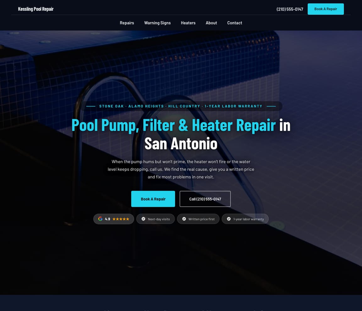 Home page of the Pool Repair website template, with the headline “Pool Pump, Filter & Heater Repair in San Antonio”
