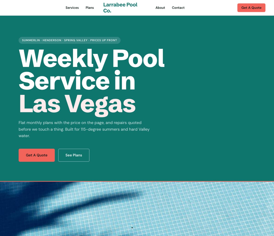 Home page of the Pool Service Plans website template, with the headline “Weekly Pool Service in Las Vegas”
