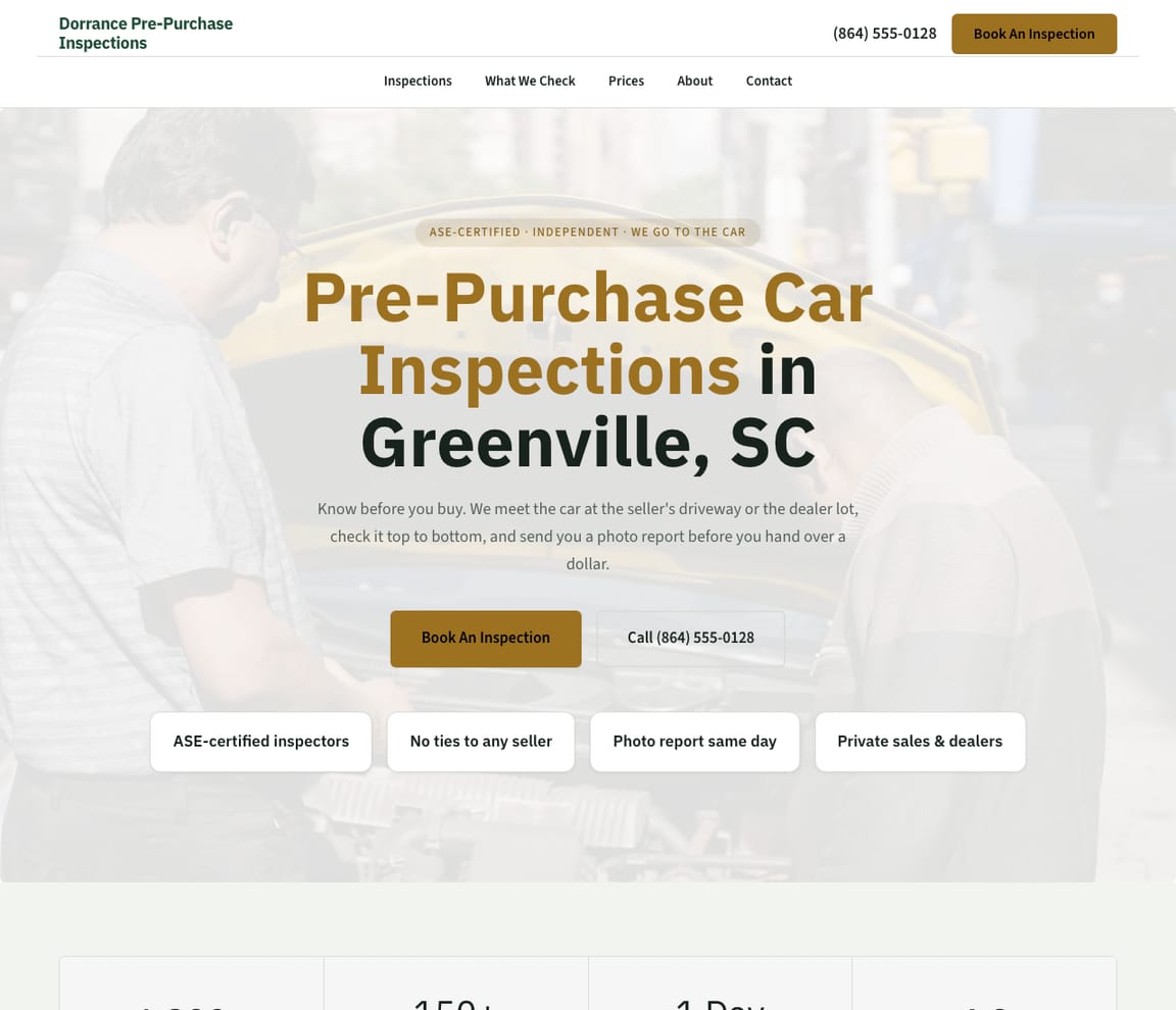 Home page of the Pre-Purchase Car Inspection template, with the headline “Pre-Purchase Car Inspections in Greenville, SC”