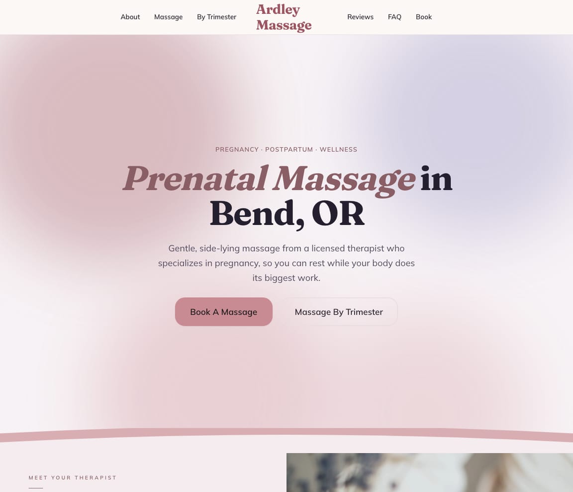Home page of the Prenatal Massage website template, with the headline “Prenatal Massage in Bend, OR”