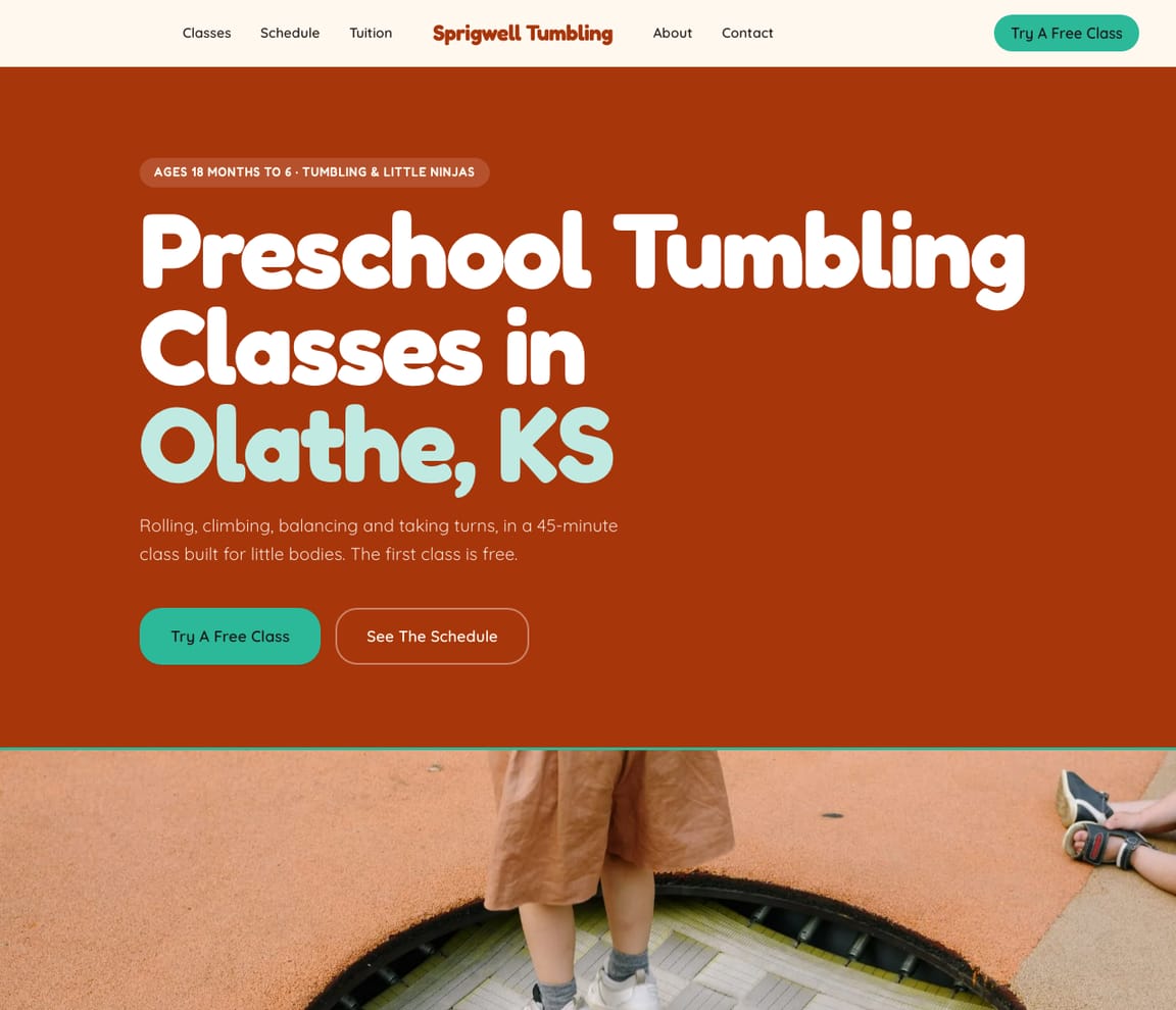 Home page of the Preschool Tumbling website template, with the headline “Preschool Tumbling Classes in Olathe, KS”