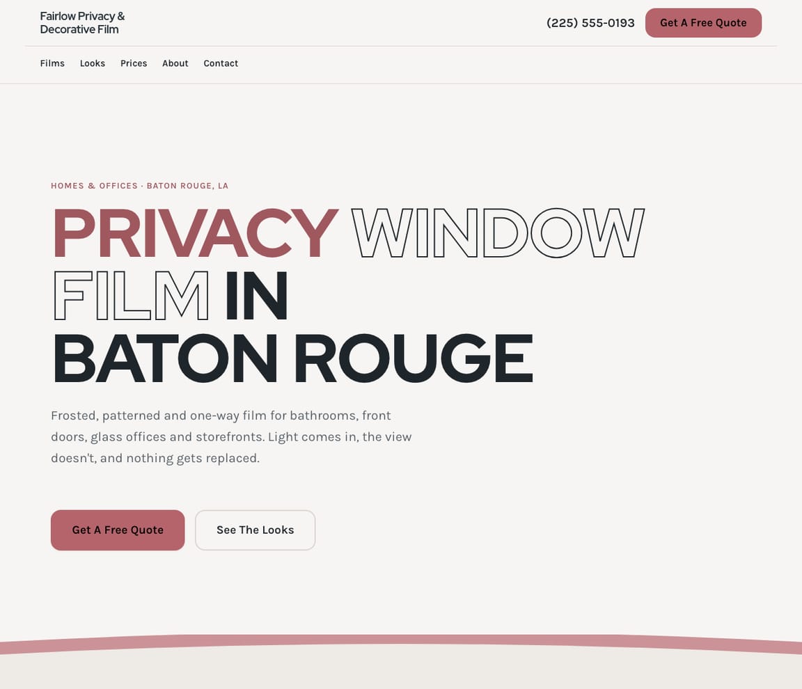 Home page of the Privacy & Decorative Window Film website template, with the headline “Privacy Window Film in Baton Rouge”