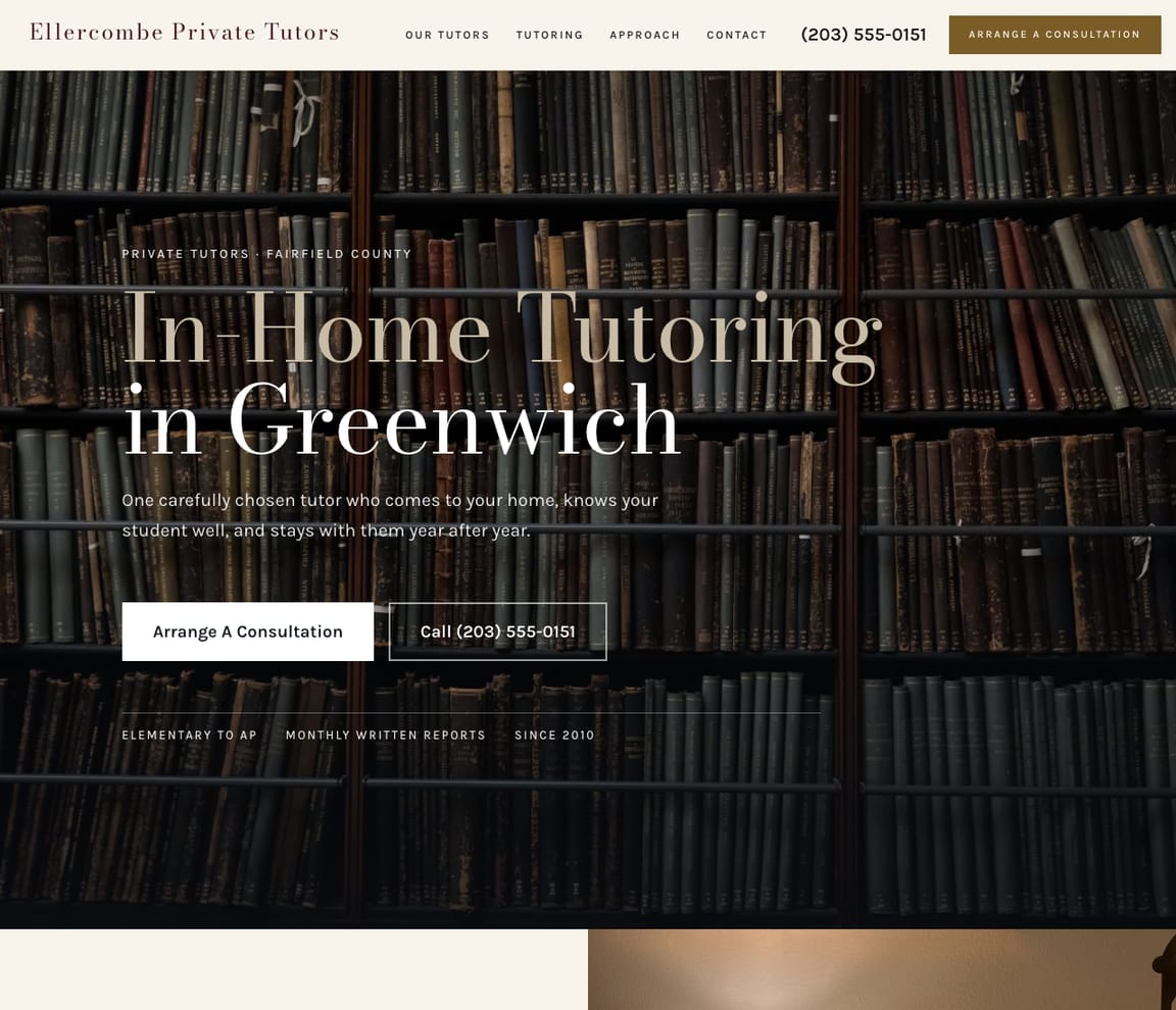 Home page of the In-Home Private Tutor website template, with the headline “In-Home Tutoring in Greenwich”