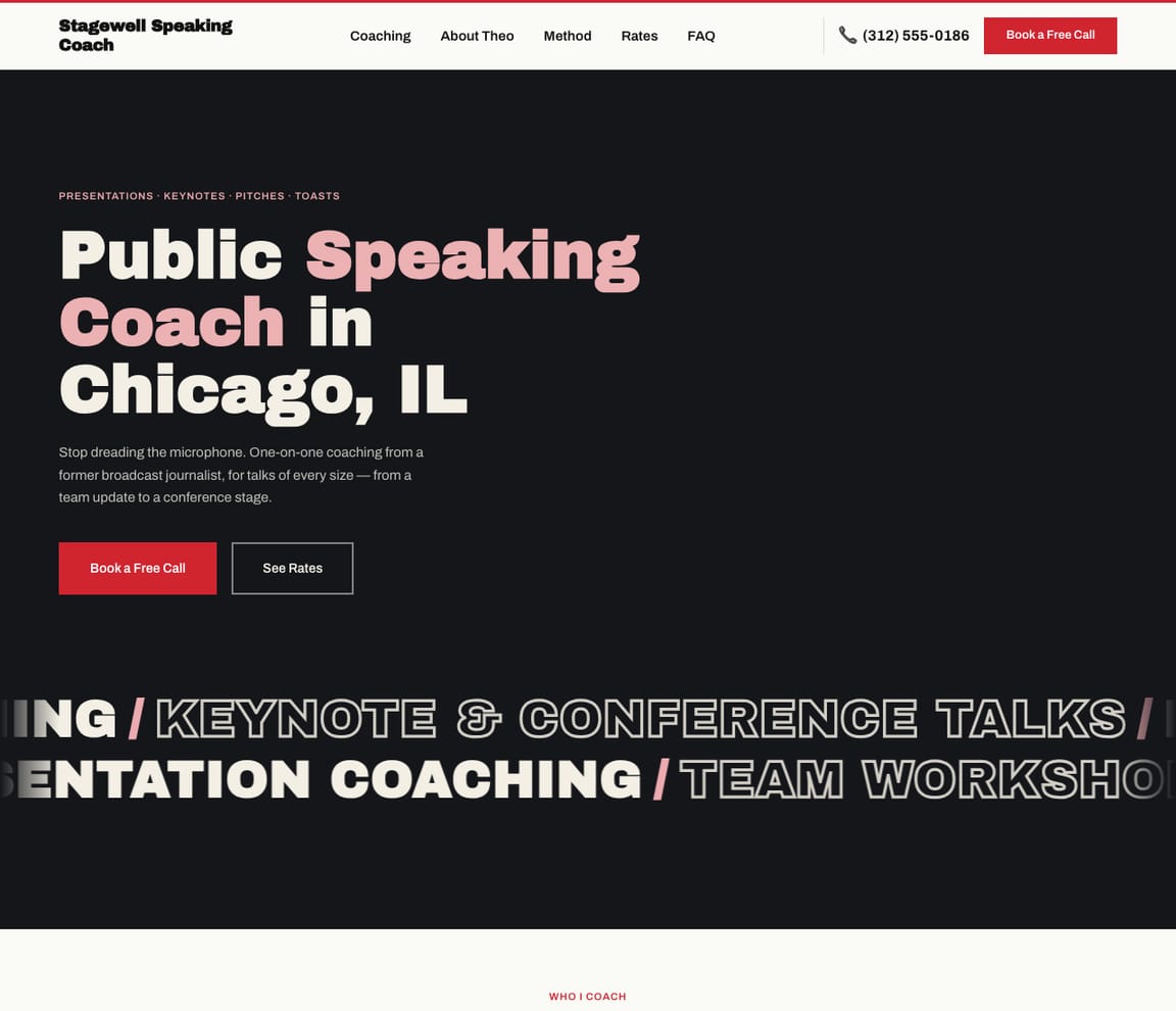 Home page of the Public Speaking Coach website template, with the headline “Public Speaking Coach in Chicago, IL”