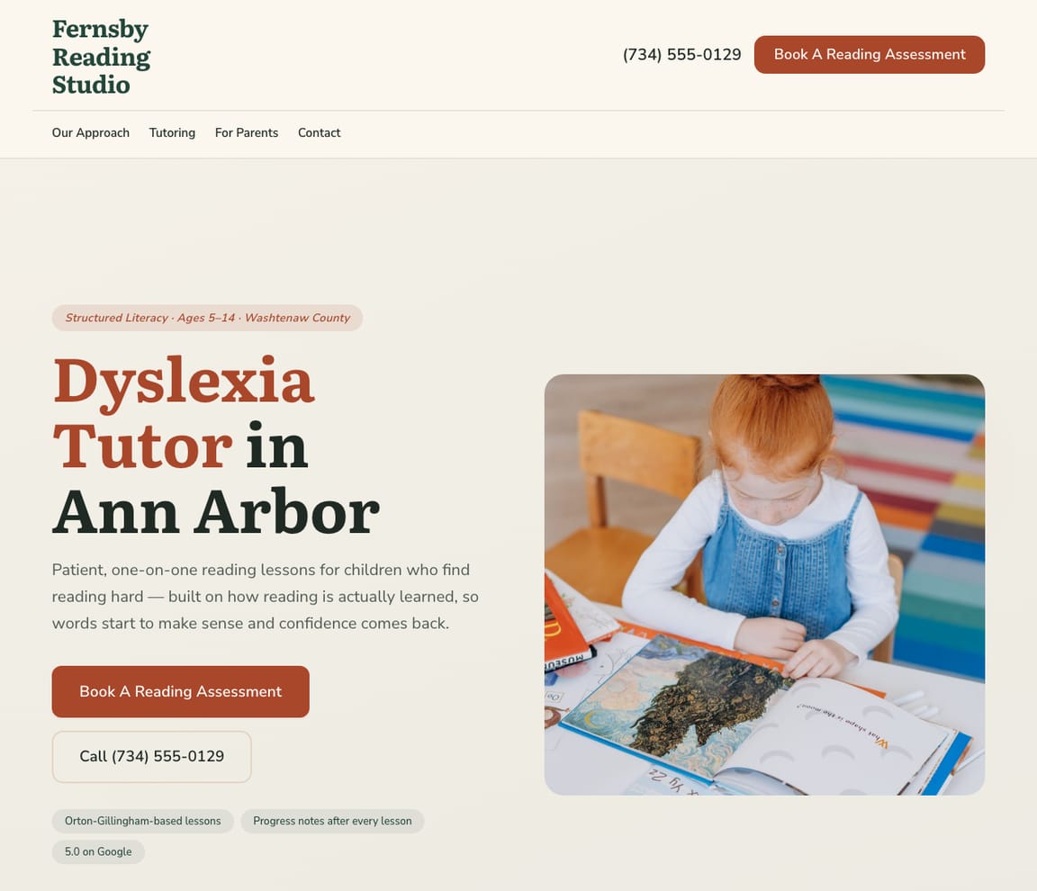 Home page of the Reading & Dyslexia Tutor website template, with the headline “Dyslexia Tutor in Ann Arbor”
