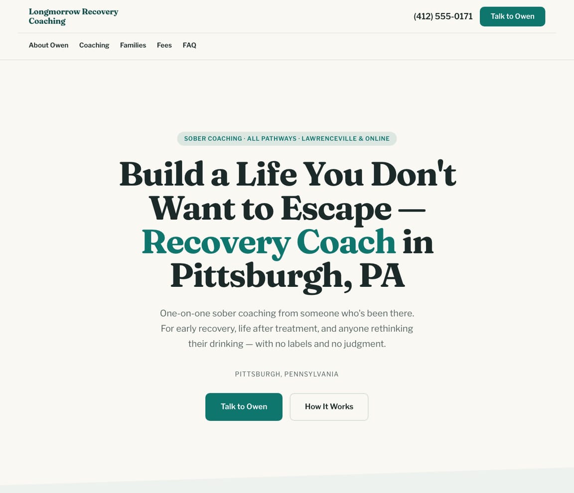 Home page of the Recovery Coach website template