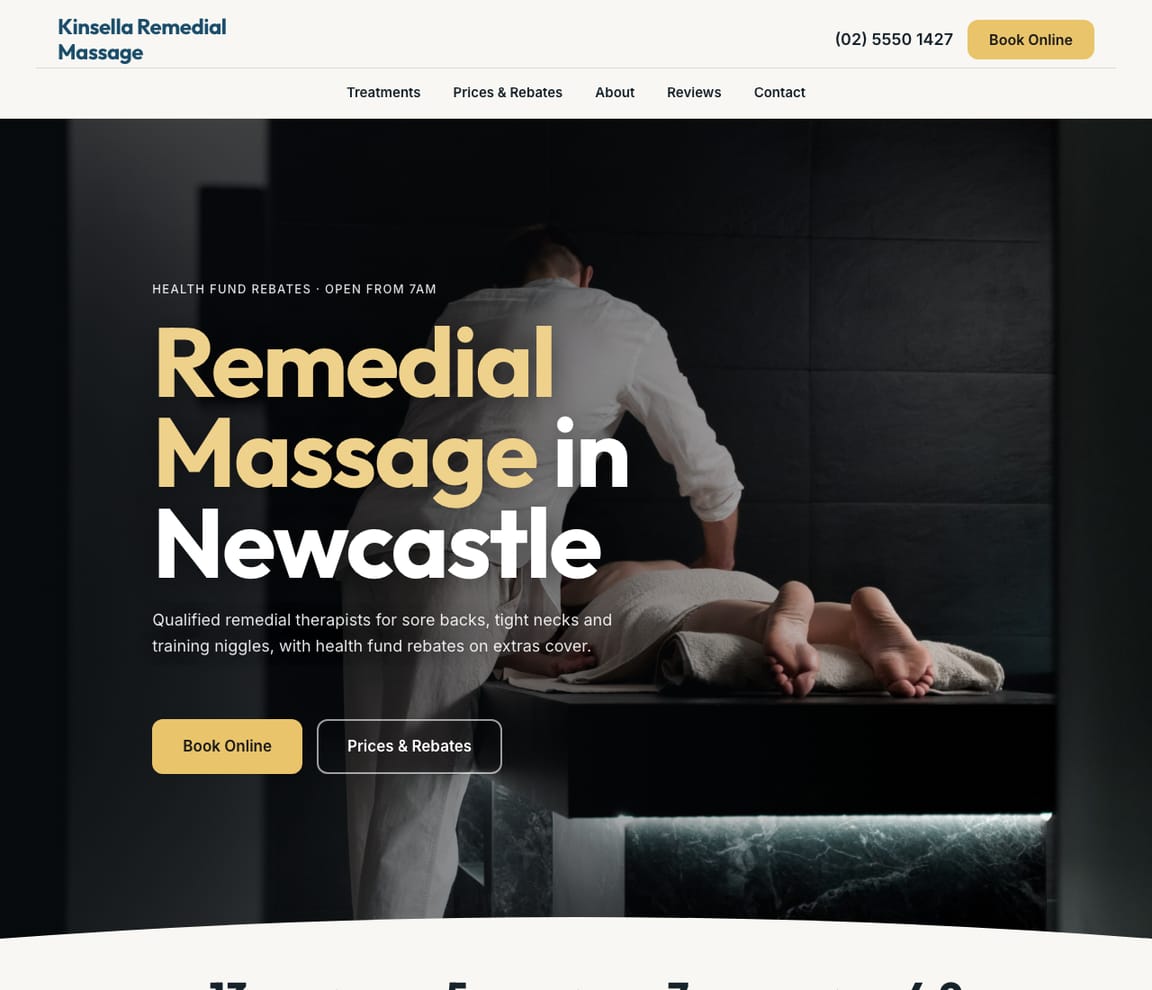 Home page of the Remedial Massage Clinic website template, with the headline “Remedial Massage in Newcastle”