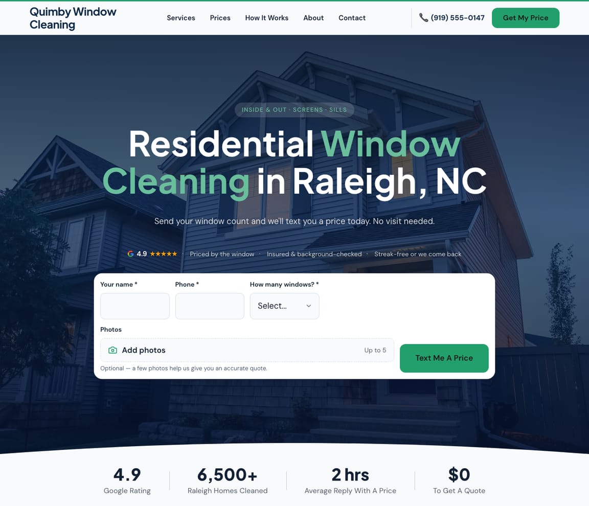 Home page of the Residential Window Cleaning website template, with the headline “Residential Window Cleaning in Raleigh, NC”