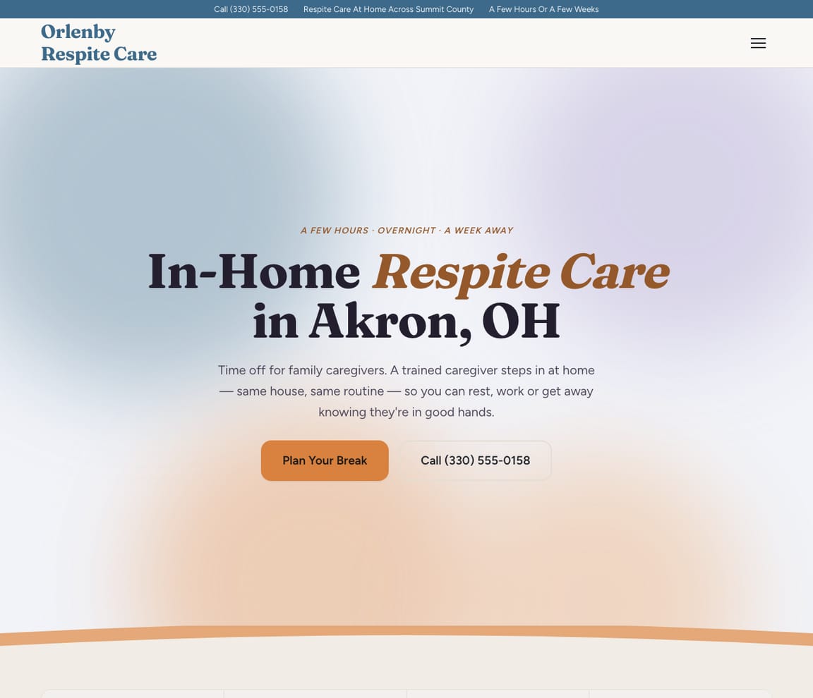 Home page of the Respite Care website template, with the headline “In-Home Respite Care in Akron, OH”