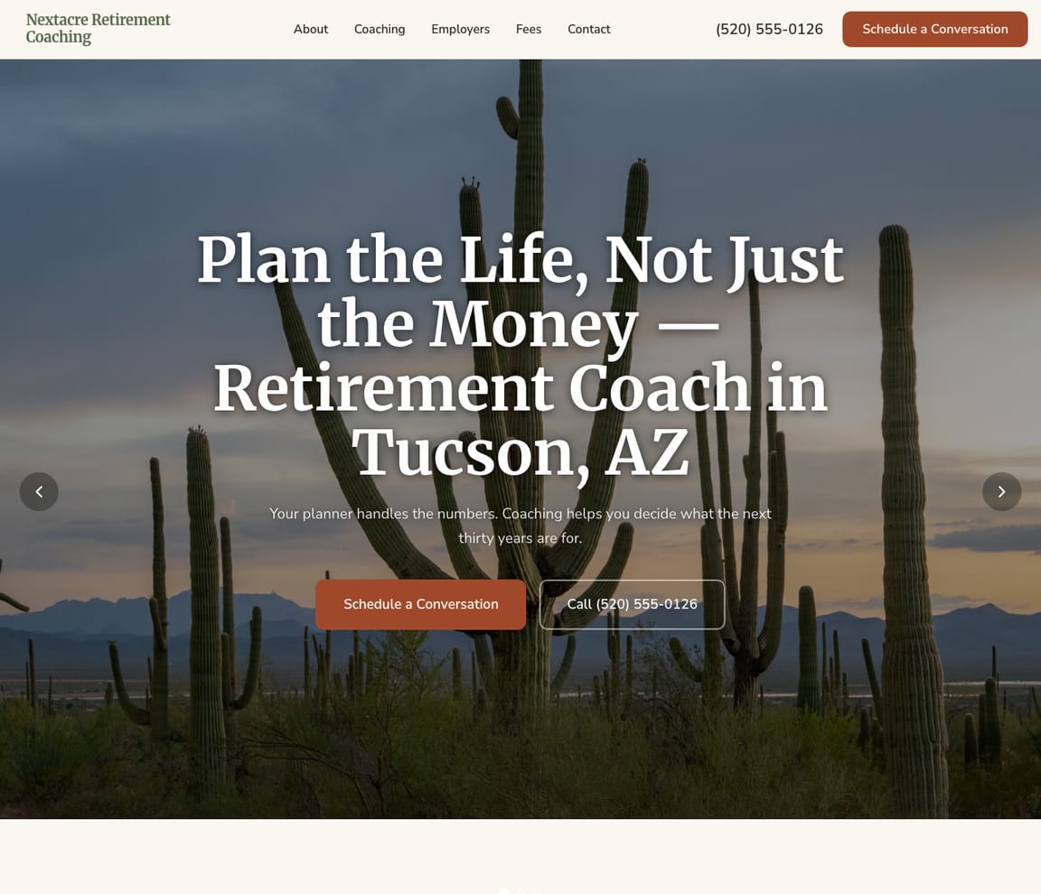 Home page of the Retirement Coach website template